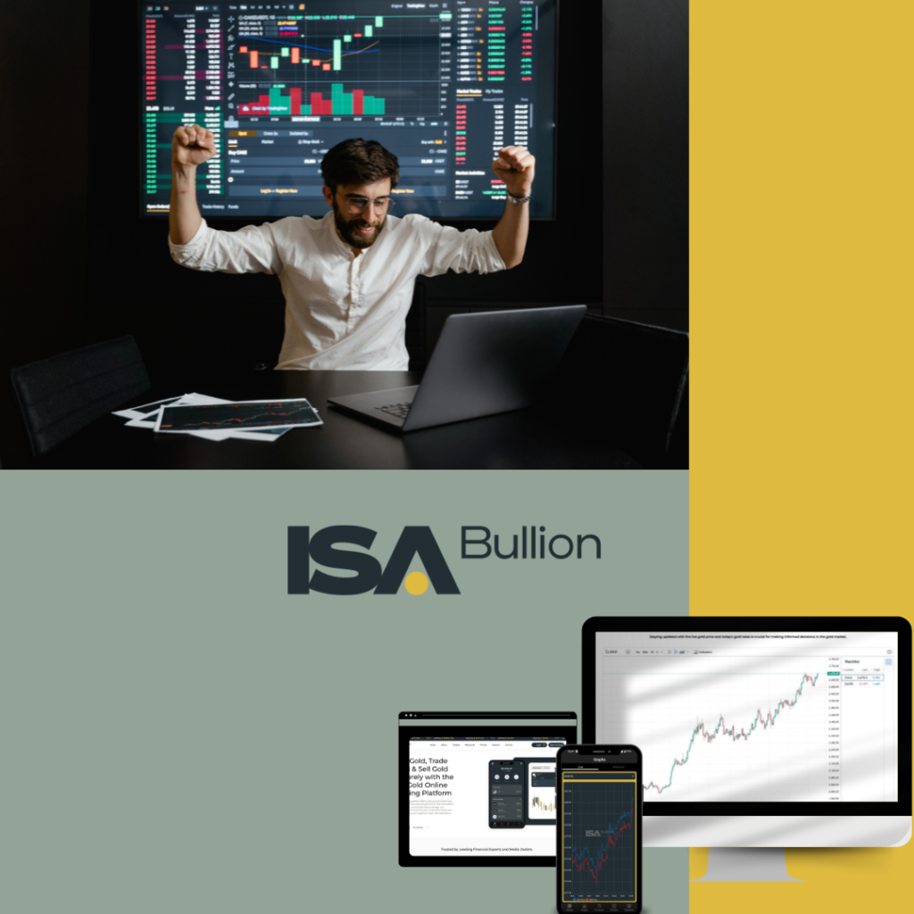 Image showcasing success in gold trading, featuring a person celebrating in front of a large screen displaying trading charts, alongside ISA Bullion's logo and a variety of trading platform interfaces on desktop, tablet, and mobile devices, emphasizing the tools available for achieving trading goals.