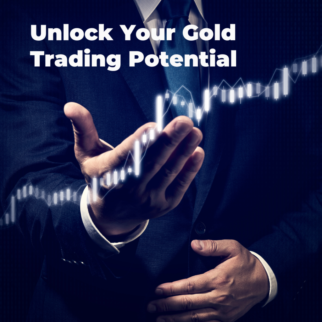 A businessman gesturing towards a glowing upward trading chart, symbolizing growth and success on a trusted gold trading platform.