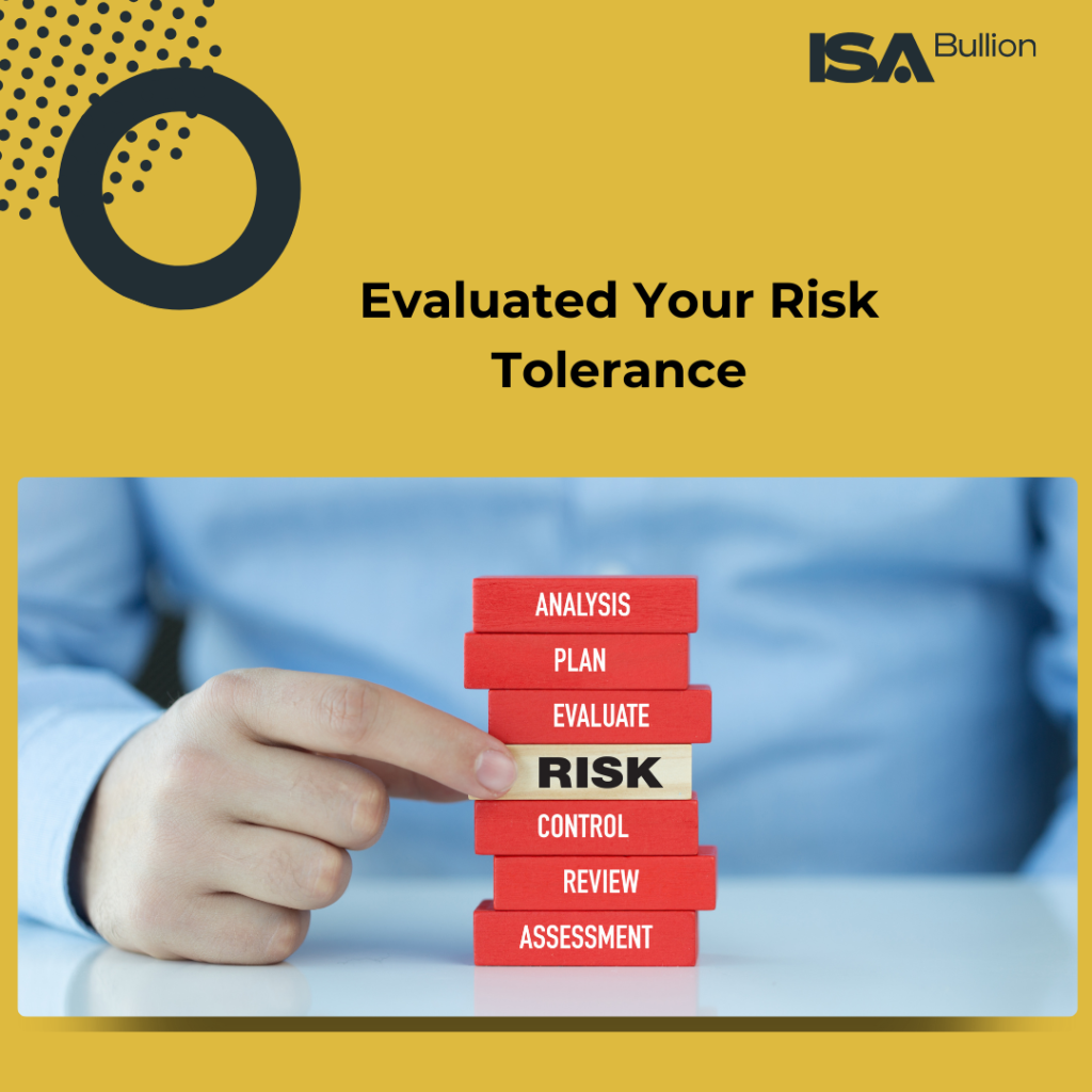 Image emphasizing the importance of evaluating risk tolerance before trading gold online, featuring a hand pulling a block labeled 'RISK' from a stacked tower with additional blocks labeled 'Analysis,' 'Plan,' 'Evaluate,' 'Control,' 'Review,' and 'Assessment,' symbolizing thoughtful decision-making.