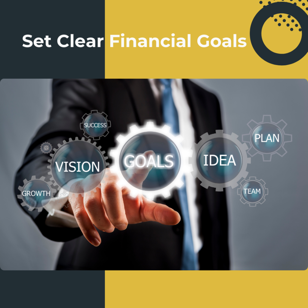 Image illustrating the importance of setting clear financial goals as a key step in preparing to trade gold online, featuring a business professional pointing to virtual gears labeled 'Goals,' 'Vision,' 'Plan,' and 'Success.'