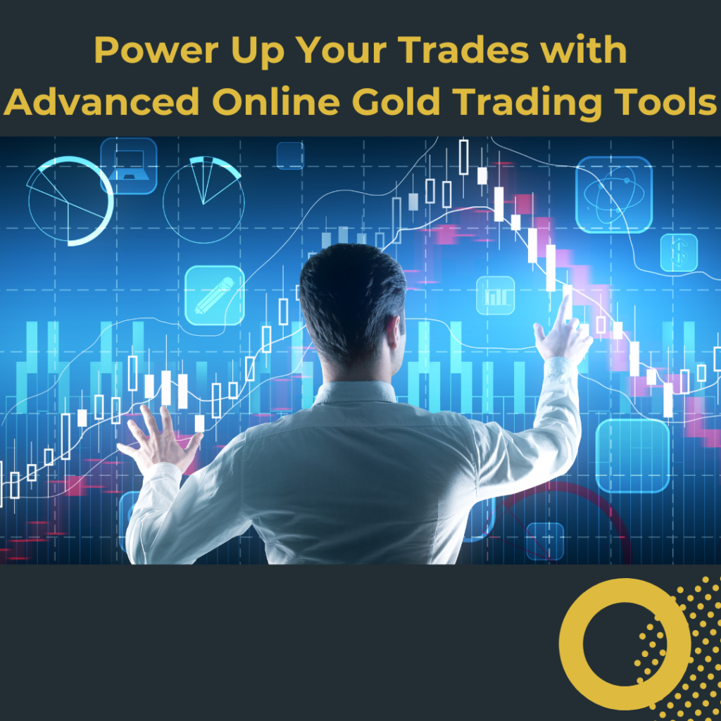 A trader interacting with a futuristic digital interface displaying charts and analytics, emphasizing the power of advanced tools for online gold trading, accompanied by the tagline: 'Power Up Your Trades with Advanced Online Gold Trading Tools.