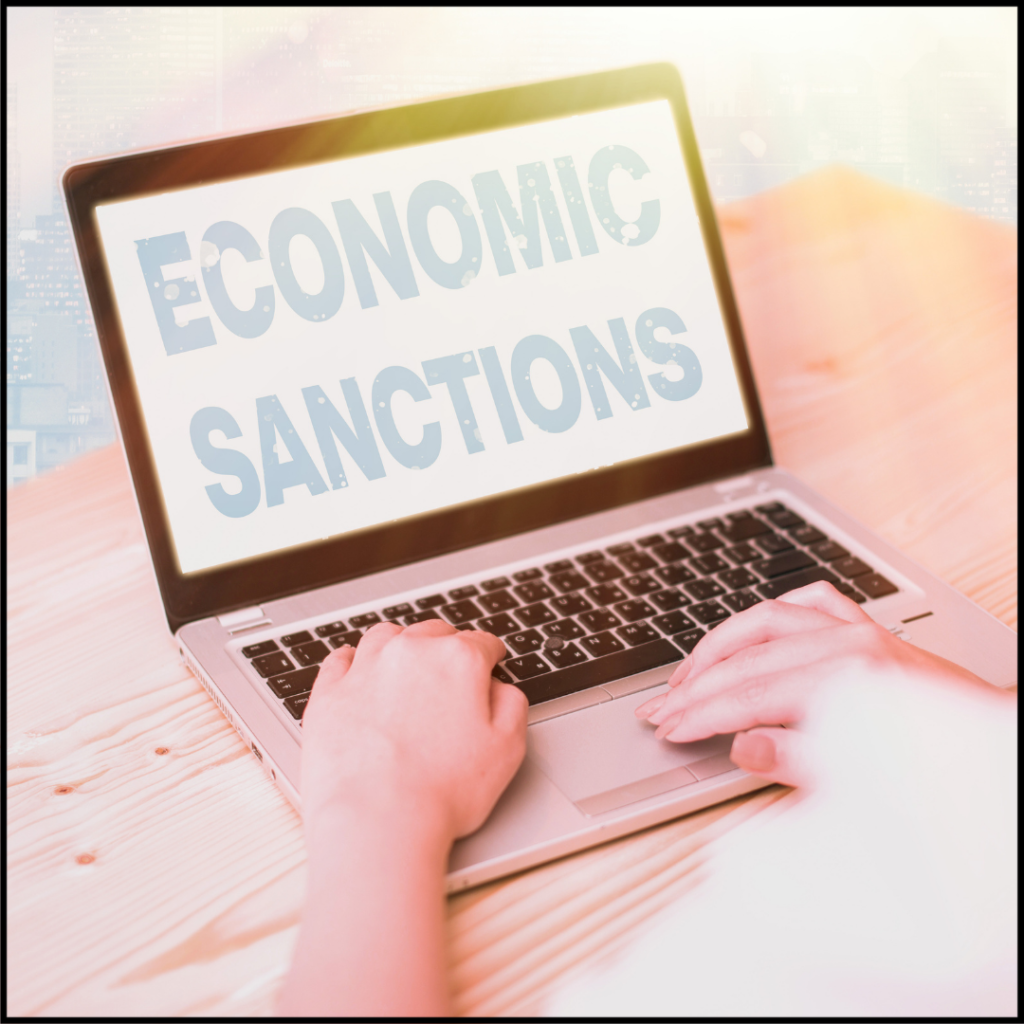 Hands typing on a laptop displaying the text 'Economic Sanctions,' symbolizing the role of sanctions and policies in global economic dynamics