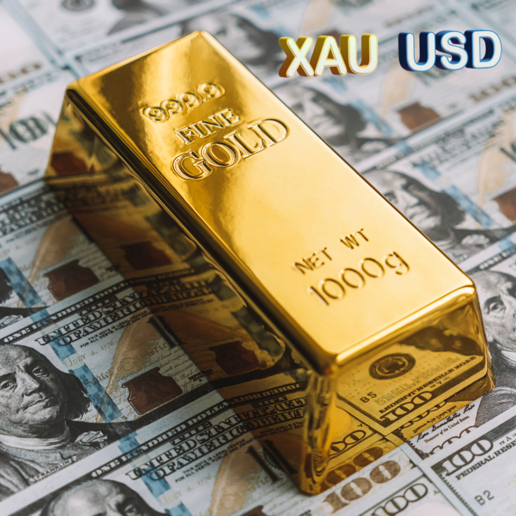 Gold bar labeled '999.9 Fine Gold' on US dollar bills, symbolizing XAUUSD trading and gold investment opportunities.