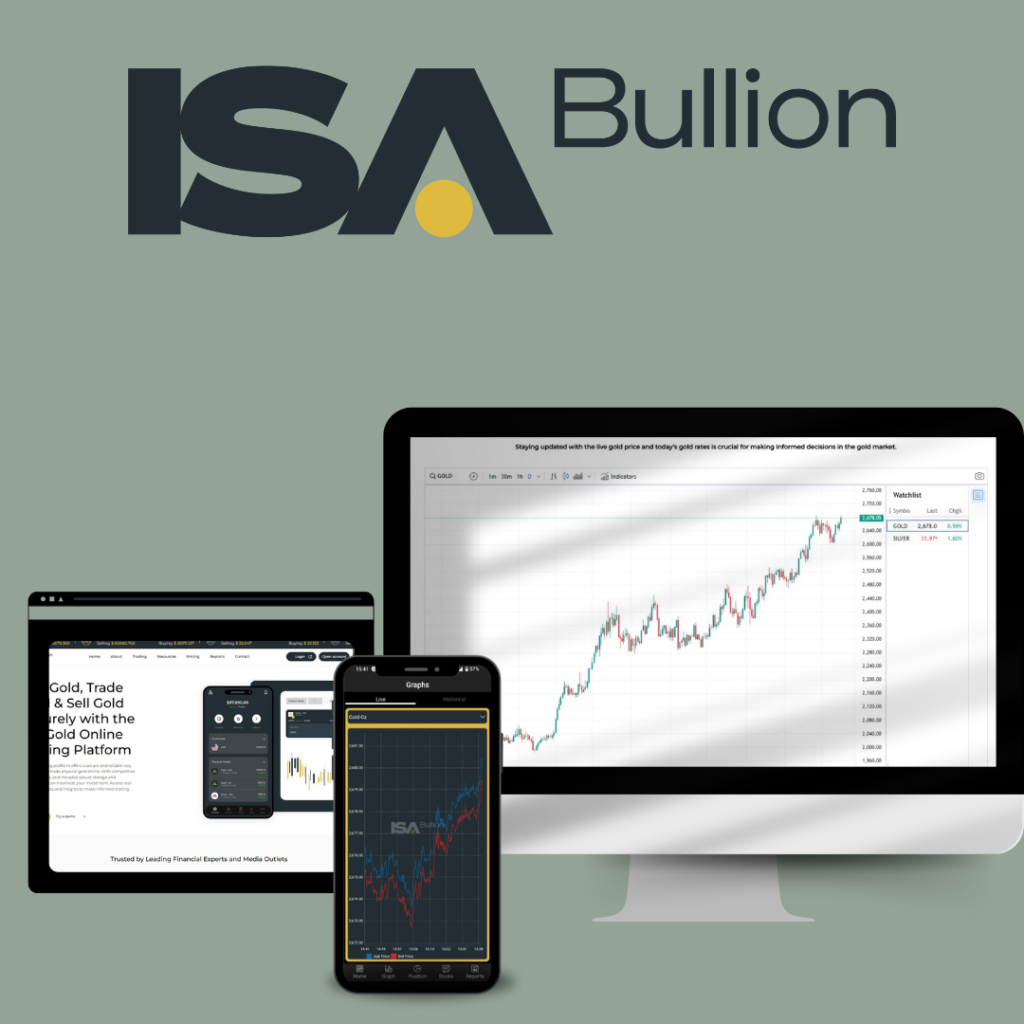 Image showcasing ISA Bullion's trading platform on desktop, tablet, and mobile devices, highlighting its user-friendly tools for trading gold online seamlessly.