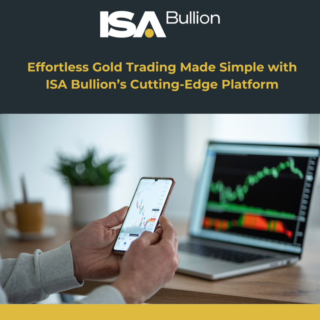 An investor using a smartphone to analyze gold market trends with a laptop displaying trading charts in the background, highlighting ISA Bullion's user-friendly platform.