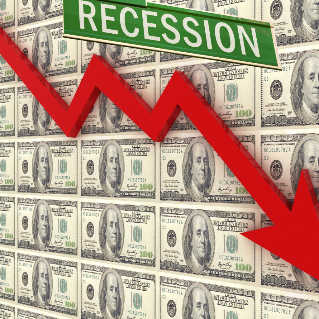 A downward red arrow over a background of U.S. dollar bills with a 'Recession' sign, symbolizing recession risks and their impact on gold markets.