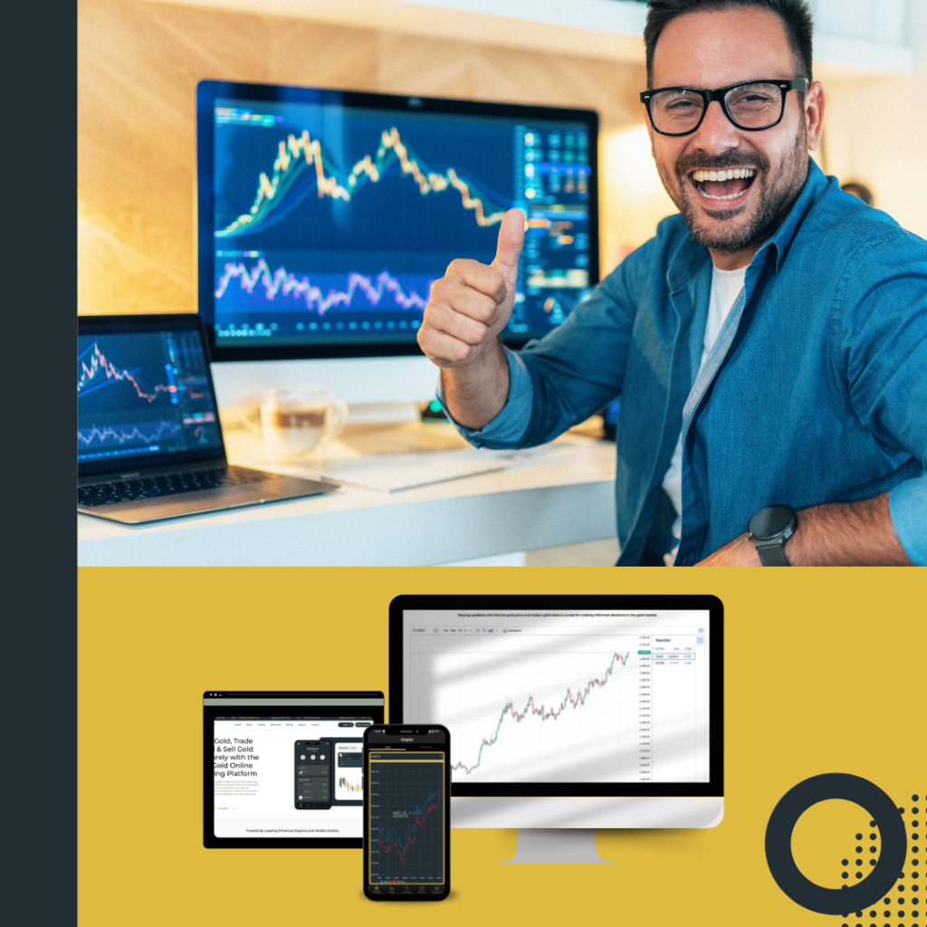 A happy trader in front of multiple screens displaying gold trading charts gives a thumbs-up, symbolizing success. Below, various devices show ISA Bullion's trading platform, highlighting accessibility and advanced tools.