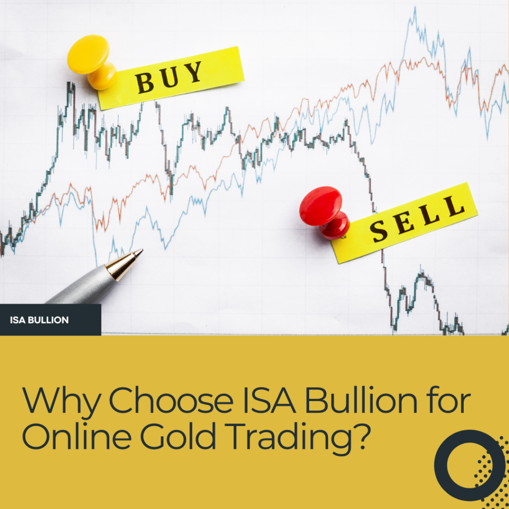 Charts with trading trends marked 'Buy' and 'Sell,' showcasing ISA Bullion's advantage in online gold trading with a tagline: 'Why Choose ISA Bullion for Online Gold Trading?