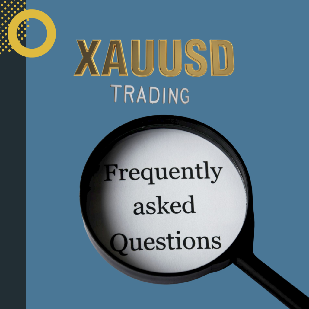 A magnifying glass focusing on the words "Frequently Asked Questions" with "XAUUSD Trading" displayed above, symbolizing clarity and answers to common queries about XAUUSD trading.