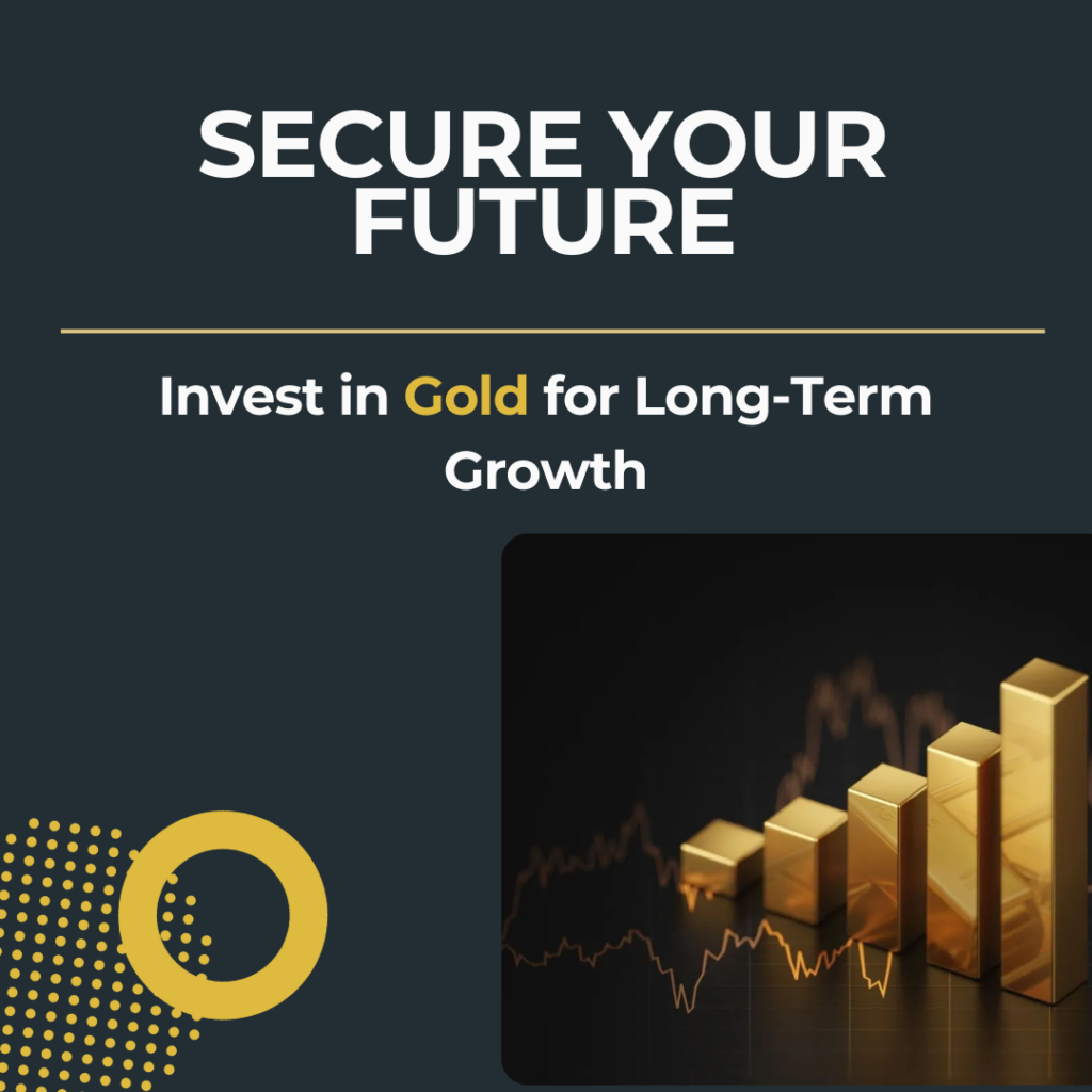 Gold bars arranged in ascending order with a rising financial chart, symbolizing long-term appreciation and investment growth.