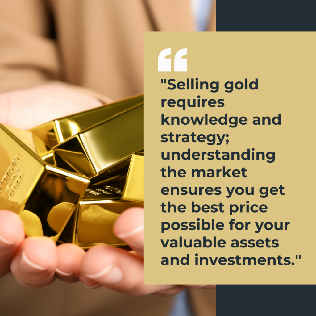 A person holding gold bars, highlighting the importance of knowledge and strategy to buy and sell gold successfully.