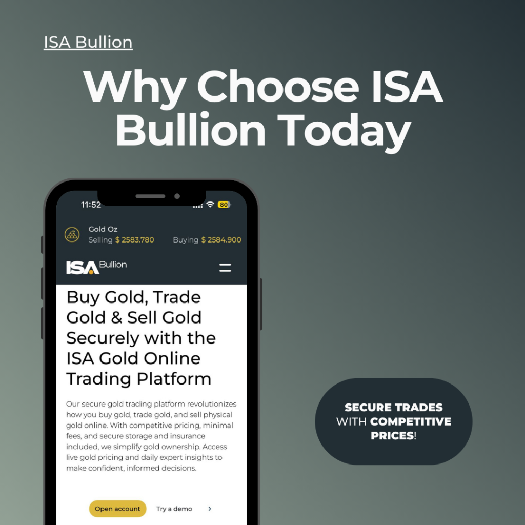 Mobile interface of ISA Bullion showcasing options to buy, trade, and sell gold securely with competitive pricing and a trusted online trading platform.