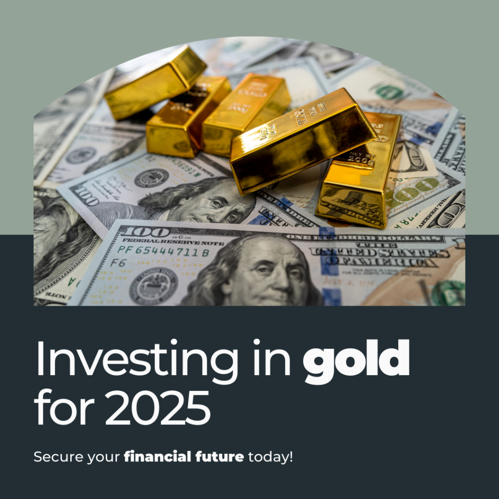 Gold bars on US dollar bills representing investment opportunities in gold for 2025. Secure your financial future with gold trading strategies.