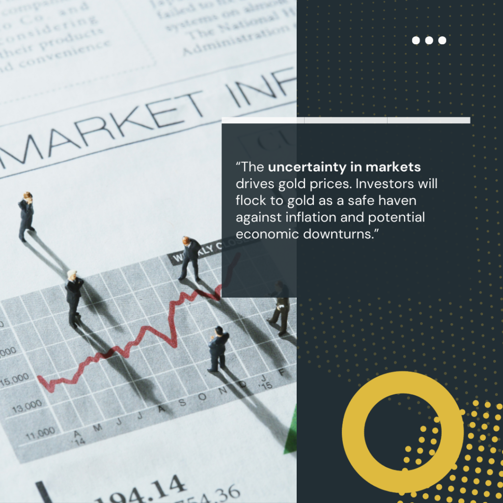 Gold price trends in 2025: A stock market chart with rising and falling prices, symbolizing economic uncertainty and gold as a safe-haven investment.