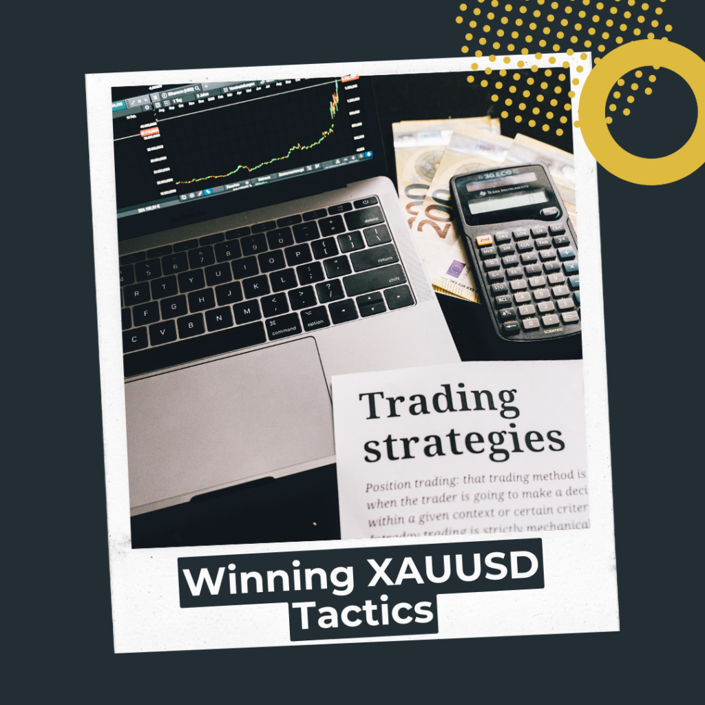 A trading setup featuring a laptop with a gold price chart, calculator, and financial documents, highlighting strategies for successful XAUUSD trading.