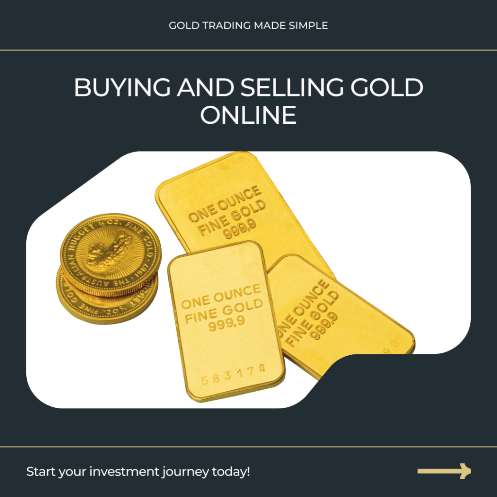 Gold bars and gold coins displayed as investment assets. The text overlay reads "Buying and Selling Gold Online