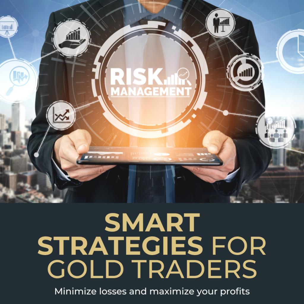 A businessman holding a tablet with digital risk management icons, representing smart strategies for gold traders to minimize losses and maximize profits